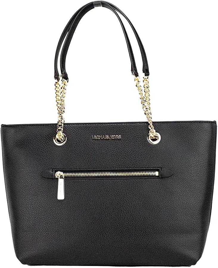 Michael Kors Jet Set Medium Front Pocket Chain Top Zip Tote (Black Pebbled Leather)