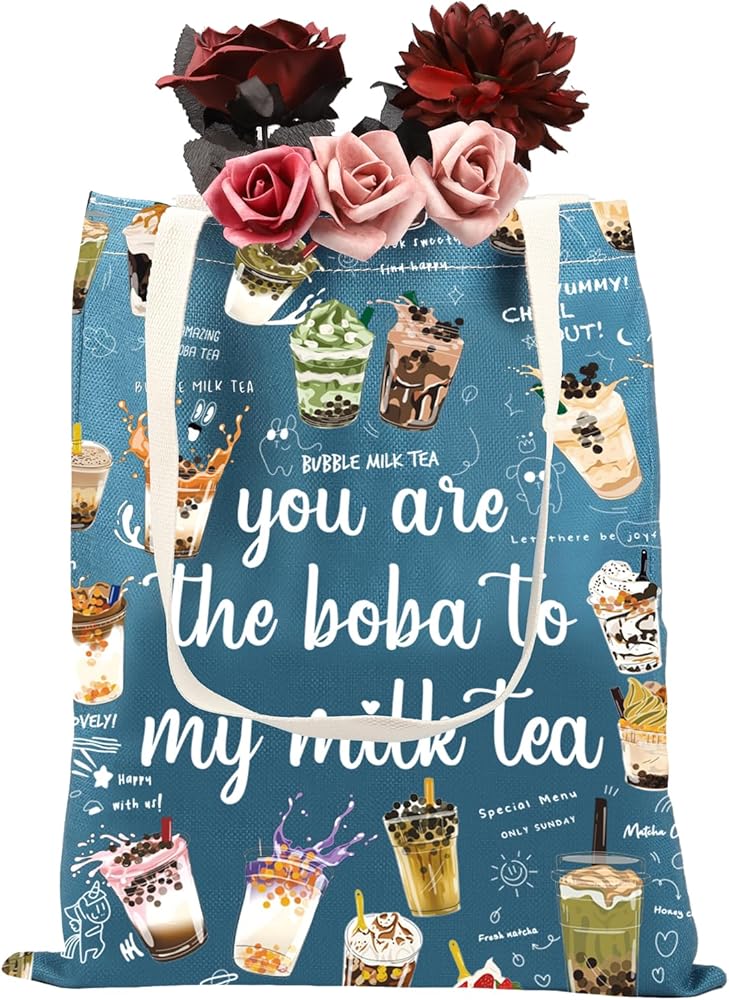 ENSIANTH Bubble Tea Tote Bag Funny Bubble Tea Lover Gifts for Drinkers Boba Lovers Tote Bag Cute Kawaii Boba Drinks Shopping Bag