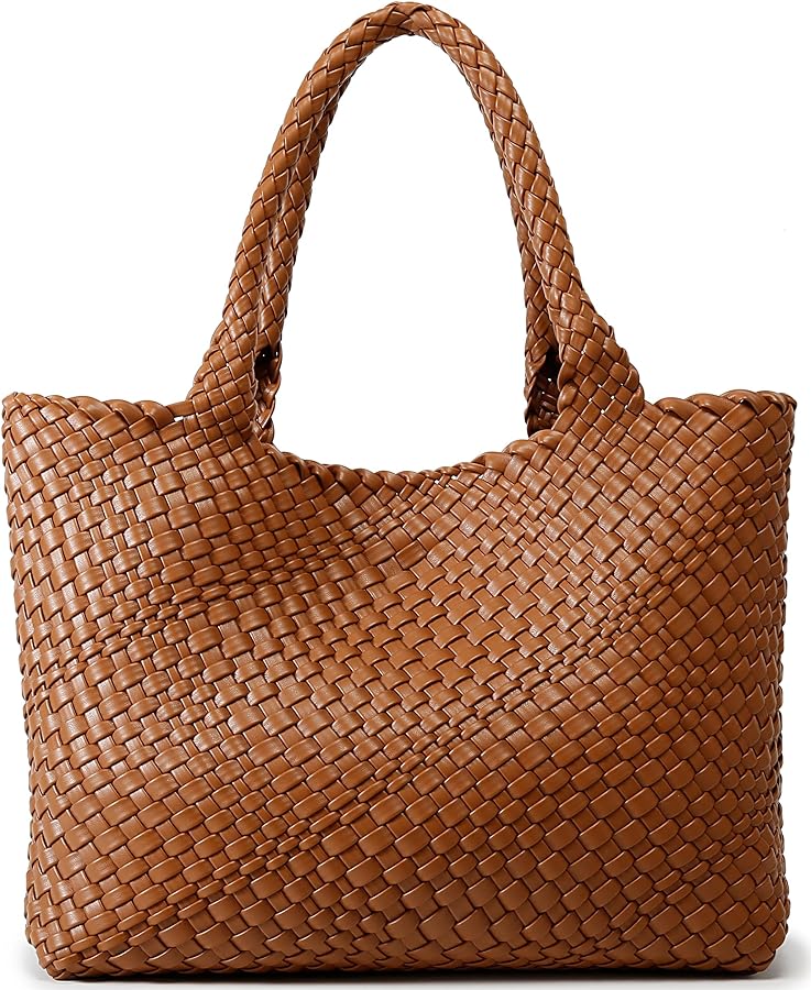 Queenoris Woven Bag for Women, Fashion Top Handle Shoulder Bag Vegan Leather Shopper Bag Large Travel Tote Bag