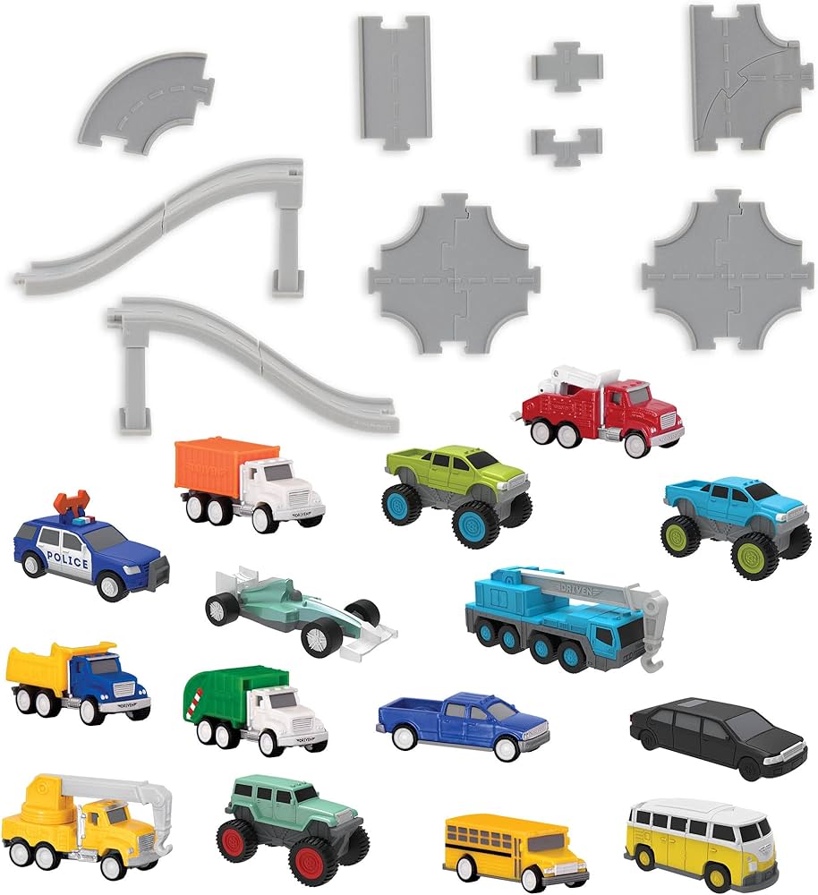 Driven by Battat – 61 Pcs Toy Car Pocket Playset 1:144 Scale – 15 Mini Cars Included & Accessories Car Track, Ramp & More – Gift Toy Car for Boys & Girls & Toddlers Age 3+