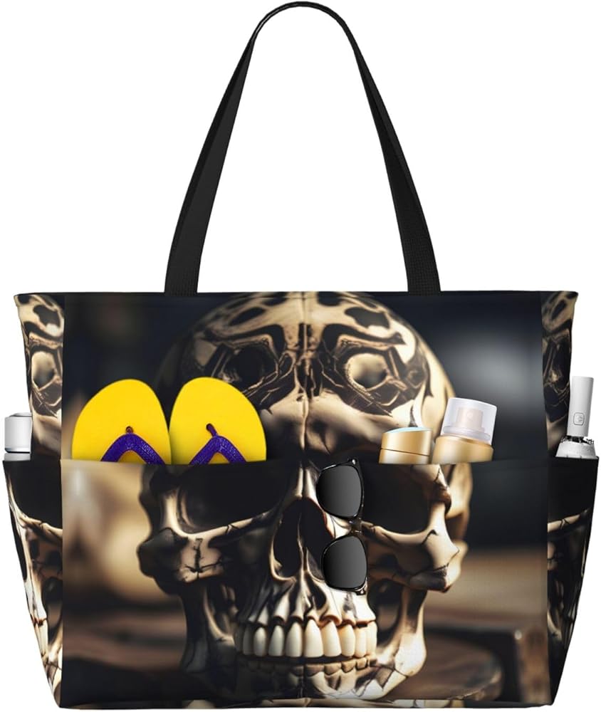 Skull Rock Roll Skeleton Bone Print Print Waterproof Gym Shoulder Bag,Fashion Summer Beach Tote Bags Large Travel Totes