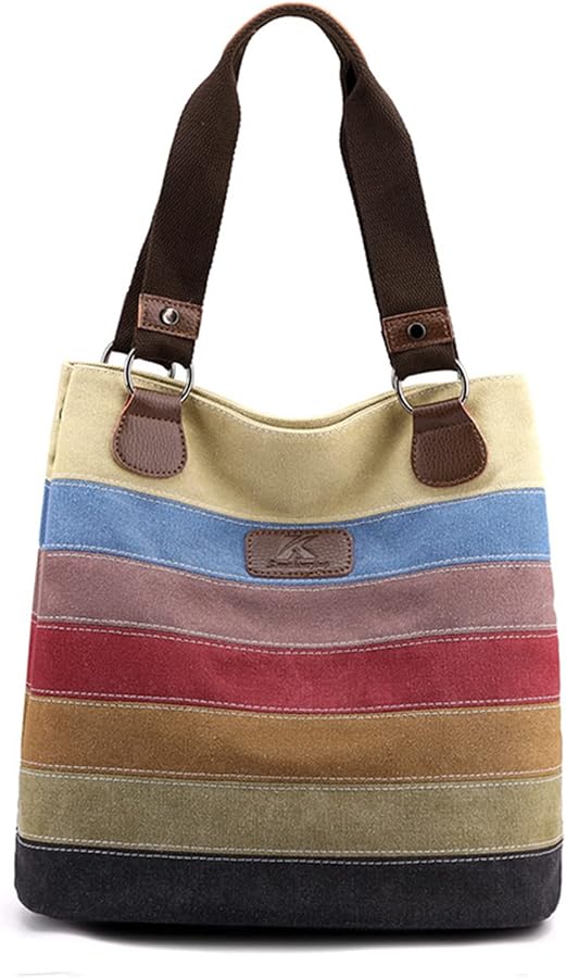 Retro Women's Handbag Multicolor Striped Canvas Tote Bag Large Capacity Shoulder Bag Casual Hobo Bag Top Handle Bag