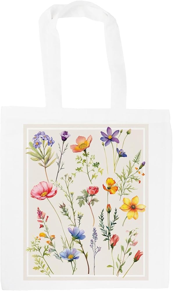 Bordered Wildflowers Tote Bag - Multicoloured Floral Garden Accessory Gifts - White Shopping Bag Present for Her, Multicolour