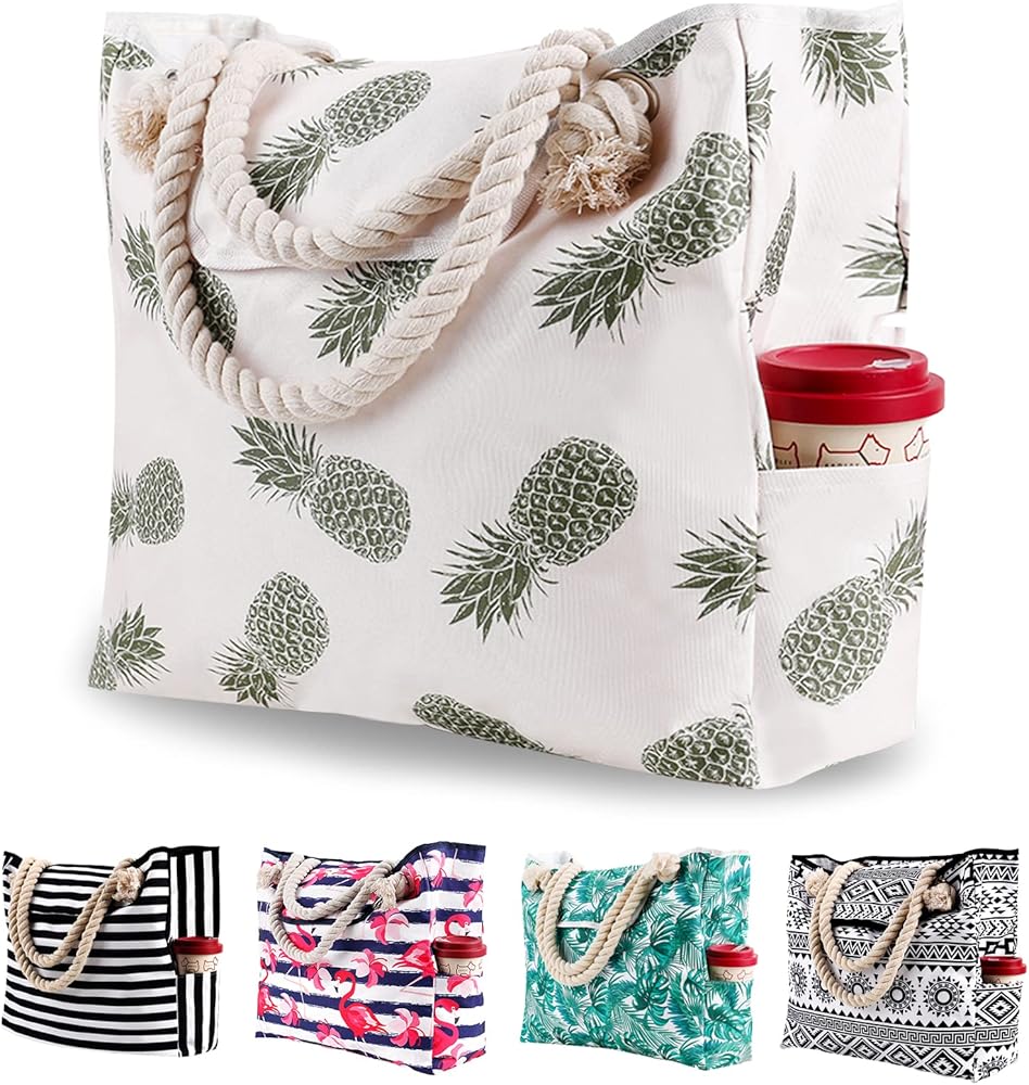 Genovega Extra Large Waterproof Canvas Beach Bag with 4 Inner Pockets for Travel, Gym, Swim and Beach Holiday