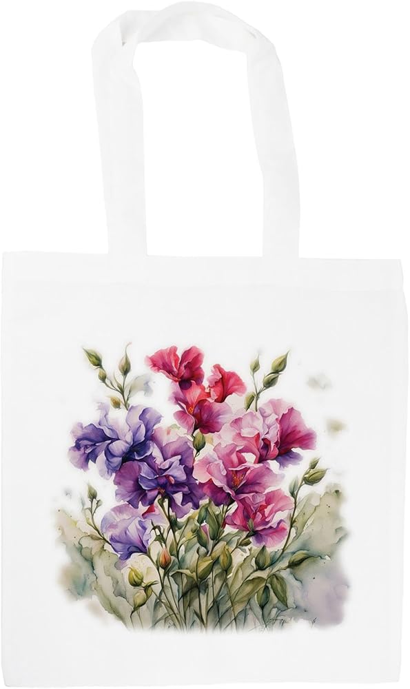 Floral Sweet Peas Tote Bag - Watercolour Garden Flowers Gifts - Shopping Bag Accessories Present for Her, White, Pink, Purple