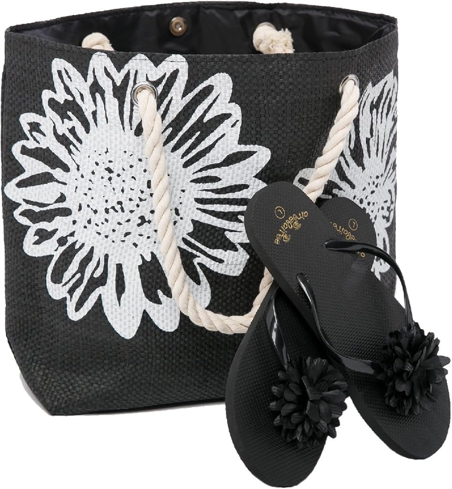 Ladies Large Beach Shoulder Shopping Bag Flower Design WITH Flip Flop SET