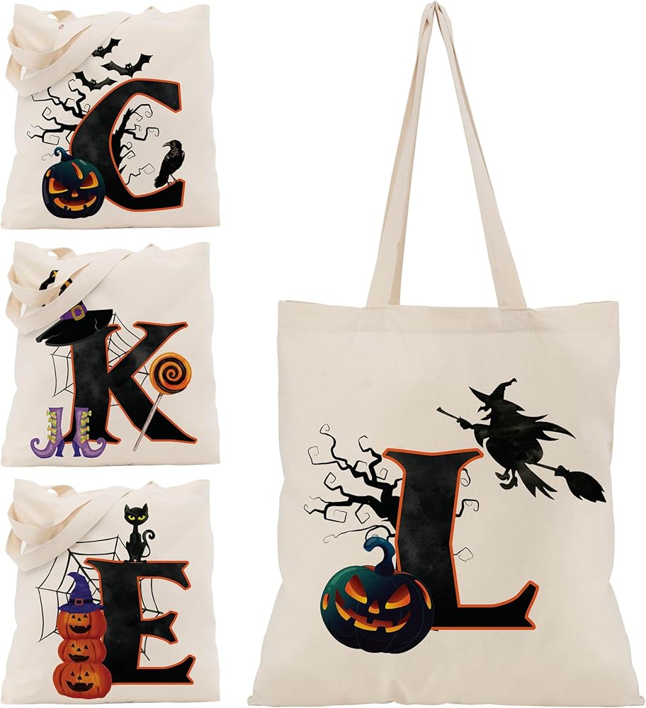Halloween Initial Tote Bags Gifts for Girl Boy - 15"x16" Personalised Trick or Treat Bag Pumpkin Party Canvas Shoulder Bag C1
