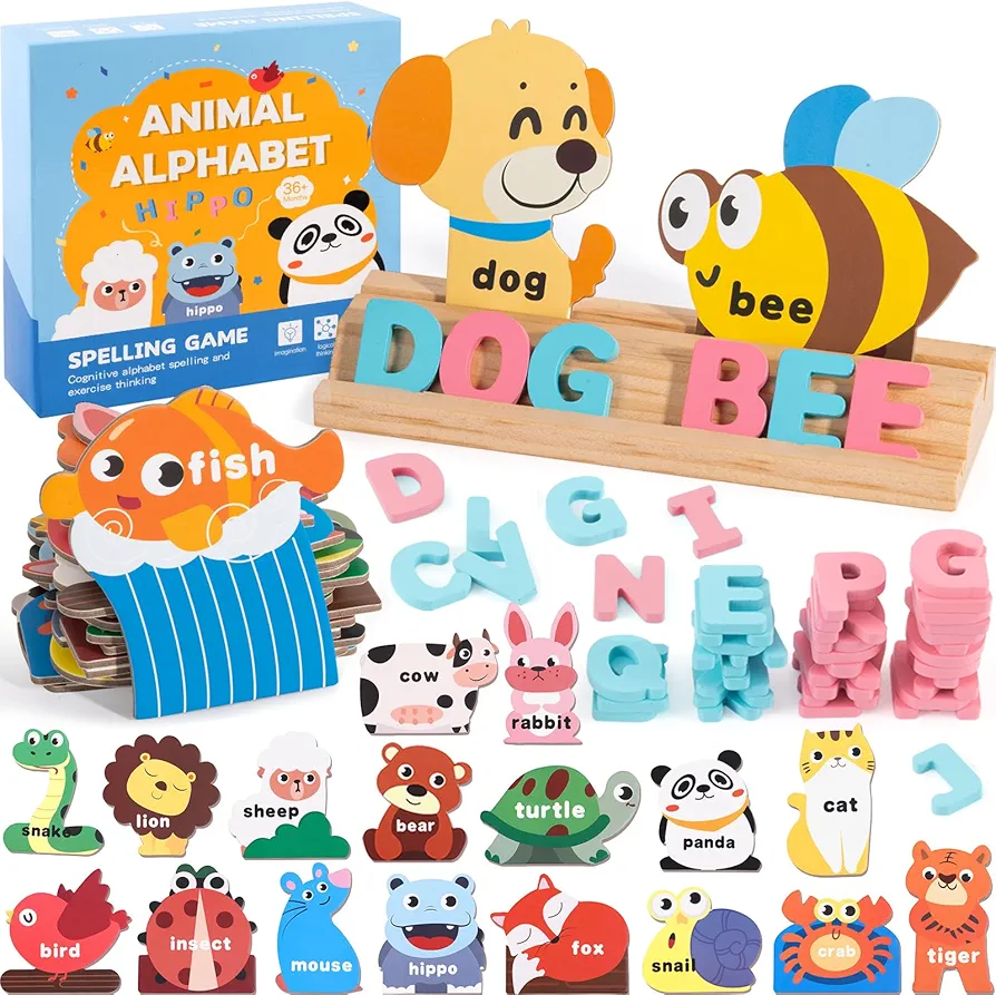 Wooden Read Spell Word Learning Toys for 2 3 4 5 Year Old Kids, 20 Animal Board & 52 Alphabet & Stand, Preschool Learning Activities, Sight Word Reading Game, Montessori Educational Toys Gifts