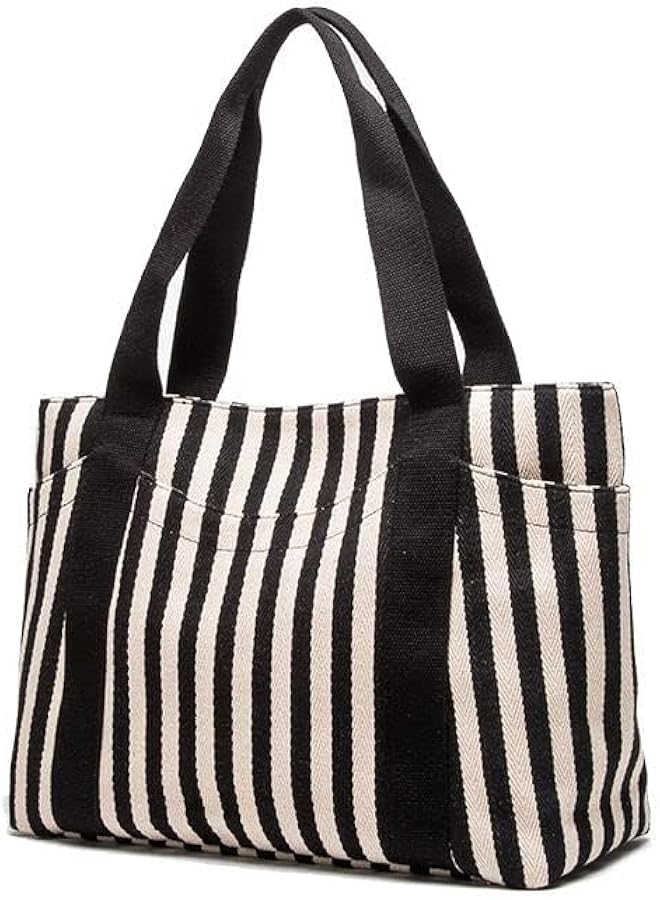 Medium Tote Bag for Women, Canvas Fall Purse Handbag, Black and White Purses Striped Everyday Purses, Beach Bags with Zipper Multi Pockets Work Bag Teacher Tote Bag for Womens (M Black+White)