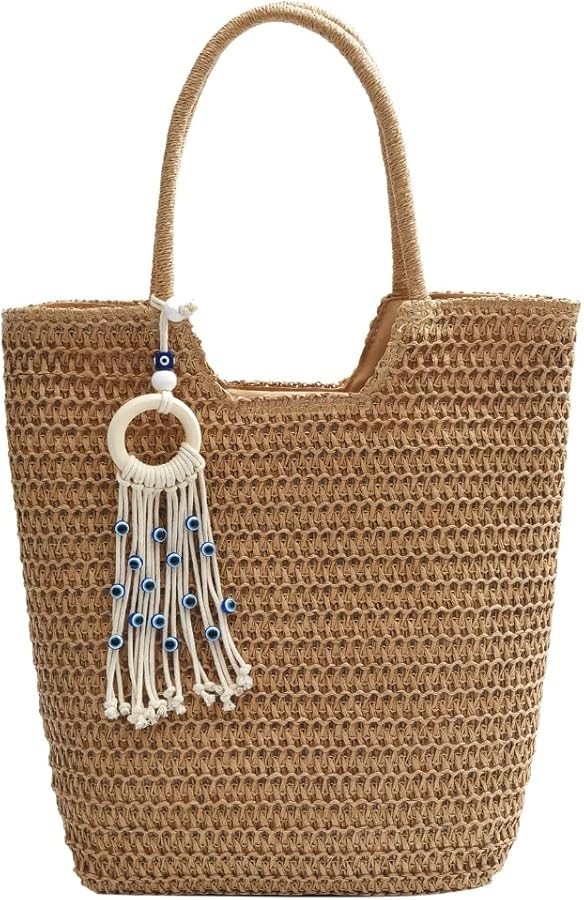 Large Capacity Beach Bag with Tassels Bohomian Handbag Casual Straw Bag Suitable for Beach Pool and Shopping