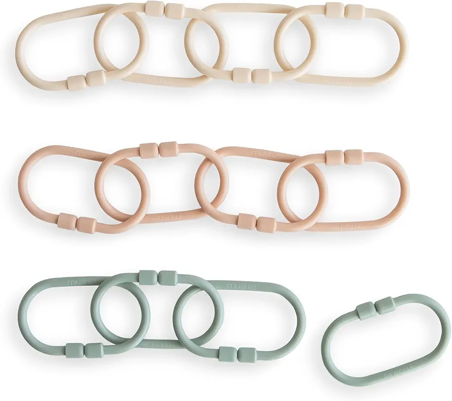 mushie Baby Chain Link Rings Toy 12-Count | Multiuse Car Seat Stroller Connecting Toy (Shifting Sand, Blush, Cambridge Blue)