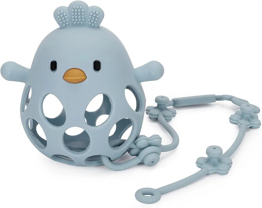 Socub 100% Food-Grade Silicone Teether Toy for Babies 0-6, 12, 18 Months Infants, Never Drop Hand Baby Teething Toy & Baby Sensory Chew Toy with Baby Toy Strap, BPA free(Dusty Blue)
