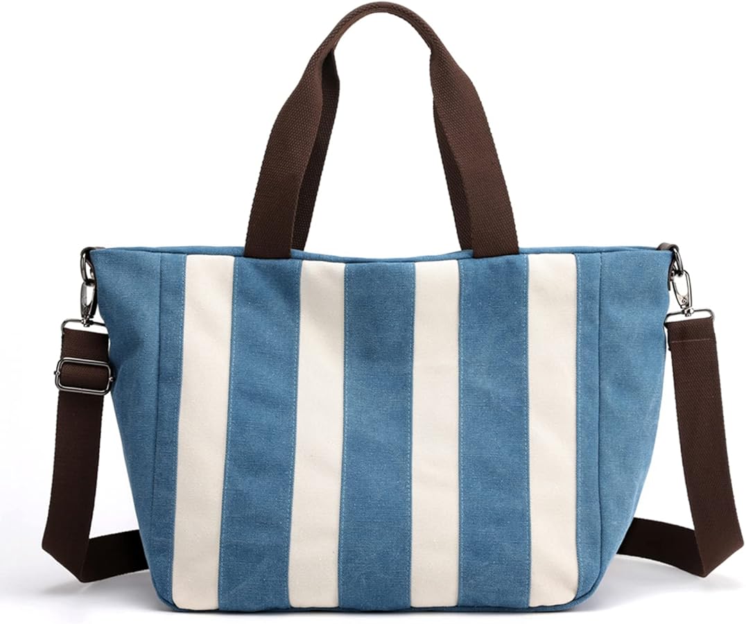 PORRASSO Women Crossbody Bag Canvas Striped Shoulder Bag Tote Ladies Handbag Satchel for Shopping Travel Work Daily Use Blue