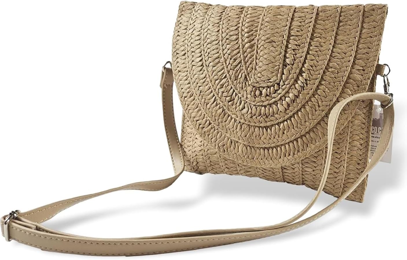 Vico Casa® Straw Bag for Women, Summer Straw Effect Braided Bohemian Style Clutch Bag with Button and Shoulder Strap/Vintage Beach Shoulder Bag 24 x 20 cm with Detachable Handles (ZX-15041A), neutral