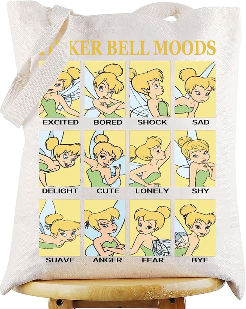 WZMPA Princess Tinker Bell Tote Bag Fairy Tales Fans Gift Tinker Bell Moods Reusable Grocery Bag Tinker Bell Merchandise (Tinker Bell Moods T), Large