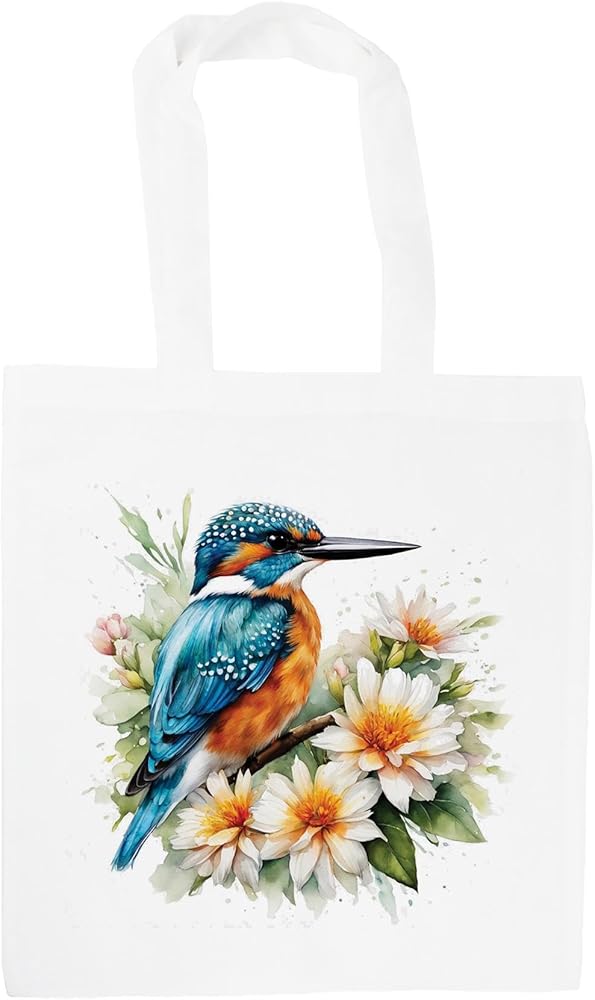 Floral Kingfisher Tote Bag - Birds & Flowers Wildlife Gifts - Shopping Bag Accessories Present, White, Blue