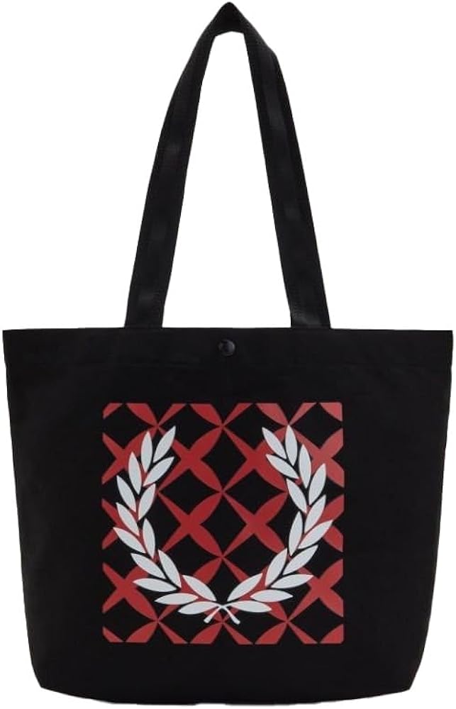Fred Perry Mens Womens Unisex L5299 100% Cotton Cross Stitch Graphic Tote Bag in Black, Black, One Size