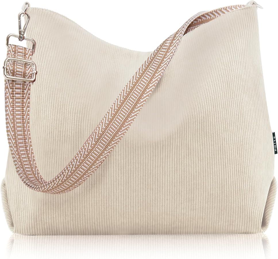 Prite Women’s Corduroy Tote Bag with Zipper, Stylish Shoulder Bag with Adjustment Straps for Work, Travel, Daily Use