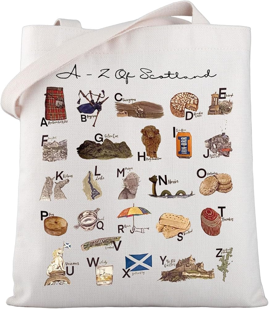 Scotland Trip Gift A-Z of Scotland Travel Tote Bag Scotland Souvenir Shoulder Bag Edinburgh Gift Welcome to Scotland Gift