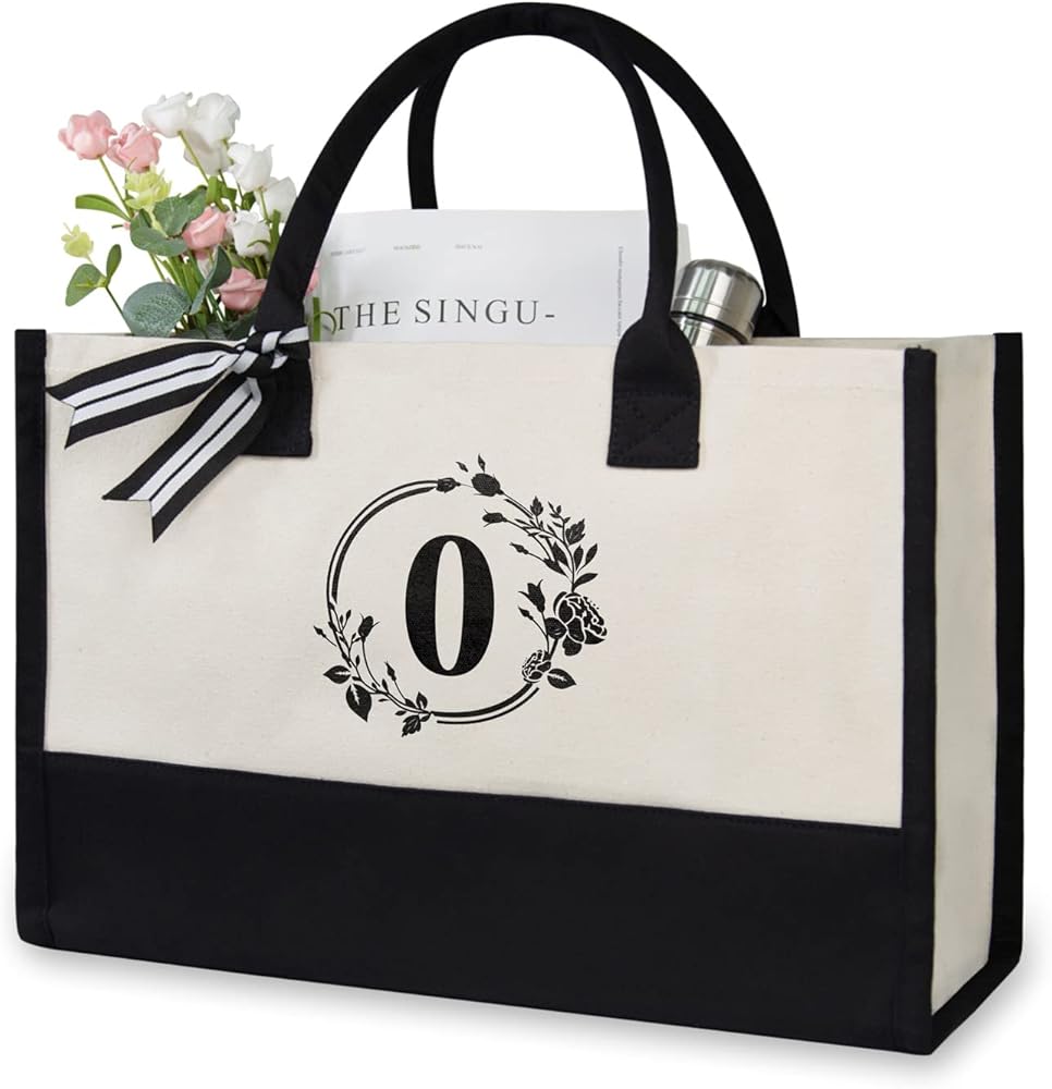 TOPDesign Personalized Initial Jute/Canvas Beach Bag, Monogrammed Gift Tote Bag for Women