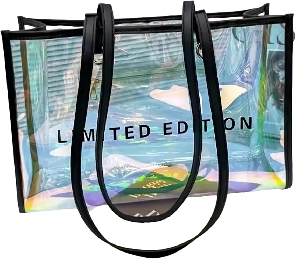 SMAAN Extra Large Transparent Beach Bags for Women, Waterproof Leather Handle Shopping Shoulder Tote Bag, Reusable Grocery Bags for women, Crossbody Bags for Security Traveling, Shopping, Pool, Black,
