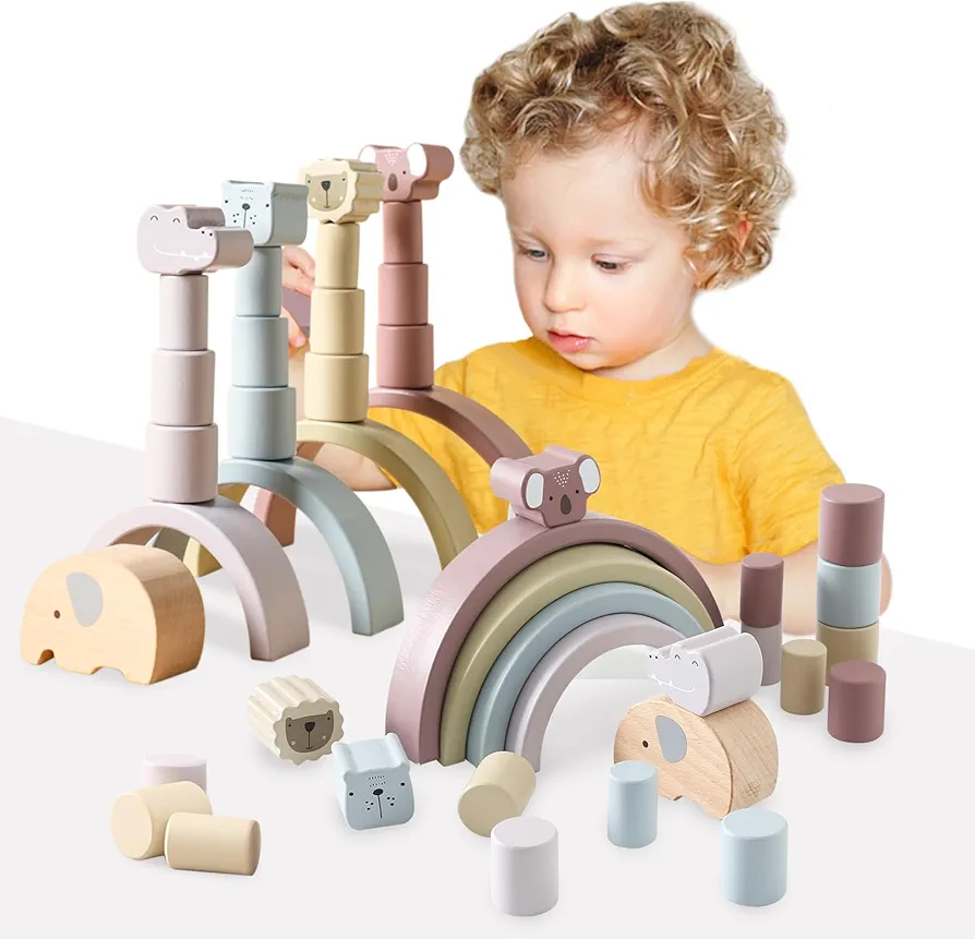 Wooden Rainbow Stacking Toy, Balancing Blocks Game, Stacking Building Blocks for Toddlers 2 3 4 5 Years Old, Educational Preschool Learning Toy, Montessori Toys for Boys & Girls