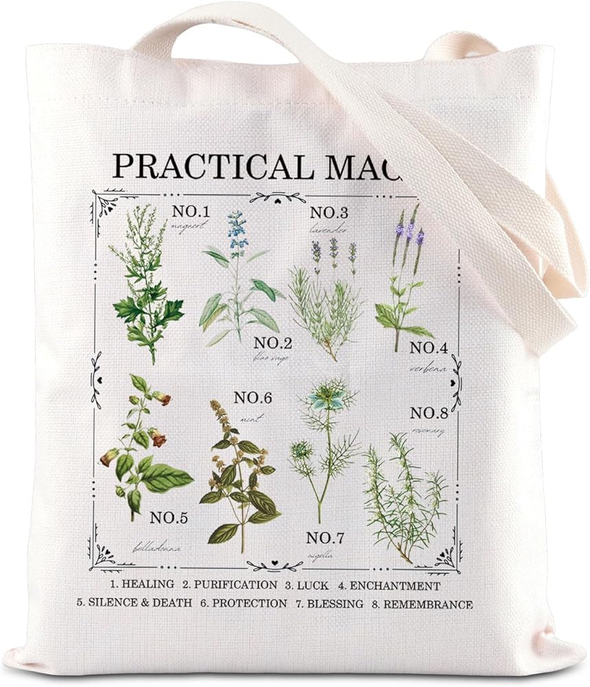 BAUNA Witch Movie Merchandise Tote Bag Flower Herb Chart Canvas Bag Rosemary Lavender Love Gift Witchcraft Plant Gift Garden Witch Gift