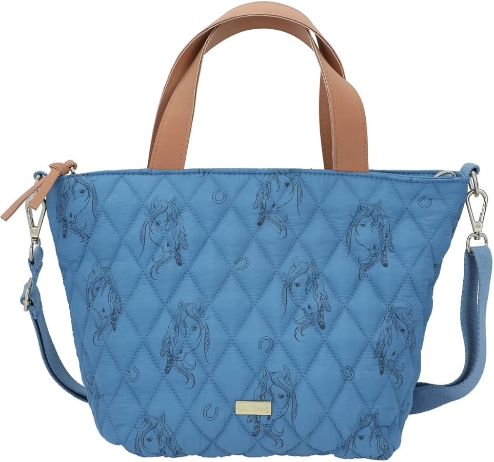 Depesche Minimal 12024 Miss Melody Mini Shopper with Horse Pattern and Quilted Seam Look, Bag in Pale Blue with Adjustable Shoulder Strap, Multicoloured, multicoloured