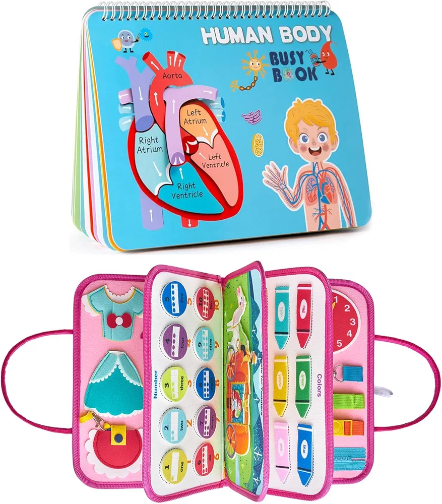 Freebear Busy Board Toddler Travel Toys Quiet Book Sensory Toys for Toddlers 2 3 4 and Book for Toddlers, Human Body Learning & Education Toys Activities